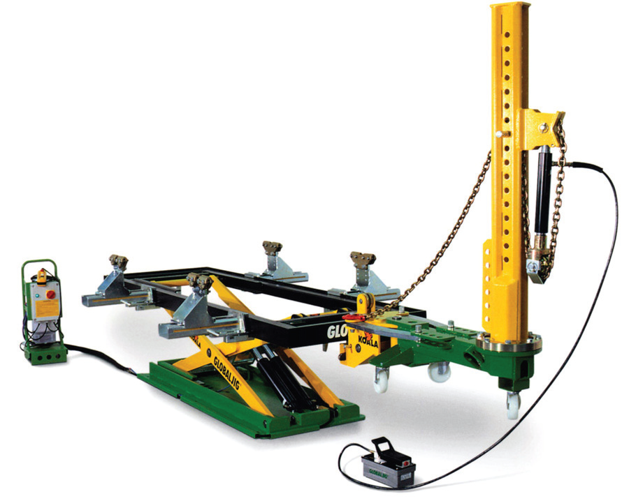 KOALA Bench 10 Ton Pull Tower, 5500 lb Hydraulic scissor lift, 4 lifting pads, 4 sill clamps, 4 lifting pad height extensions
